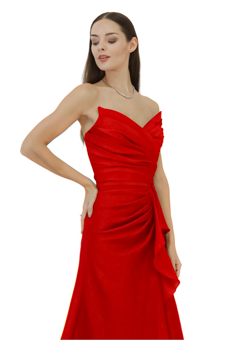 Strapless Red Gown – Ruched Elegance