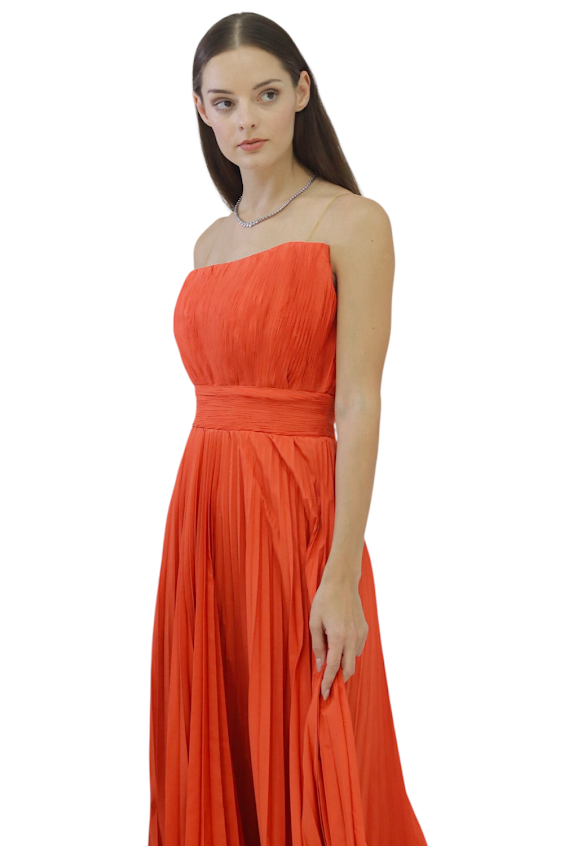 Coral Strapless Gown with Structured Elegance
