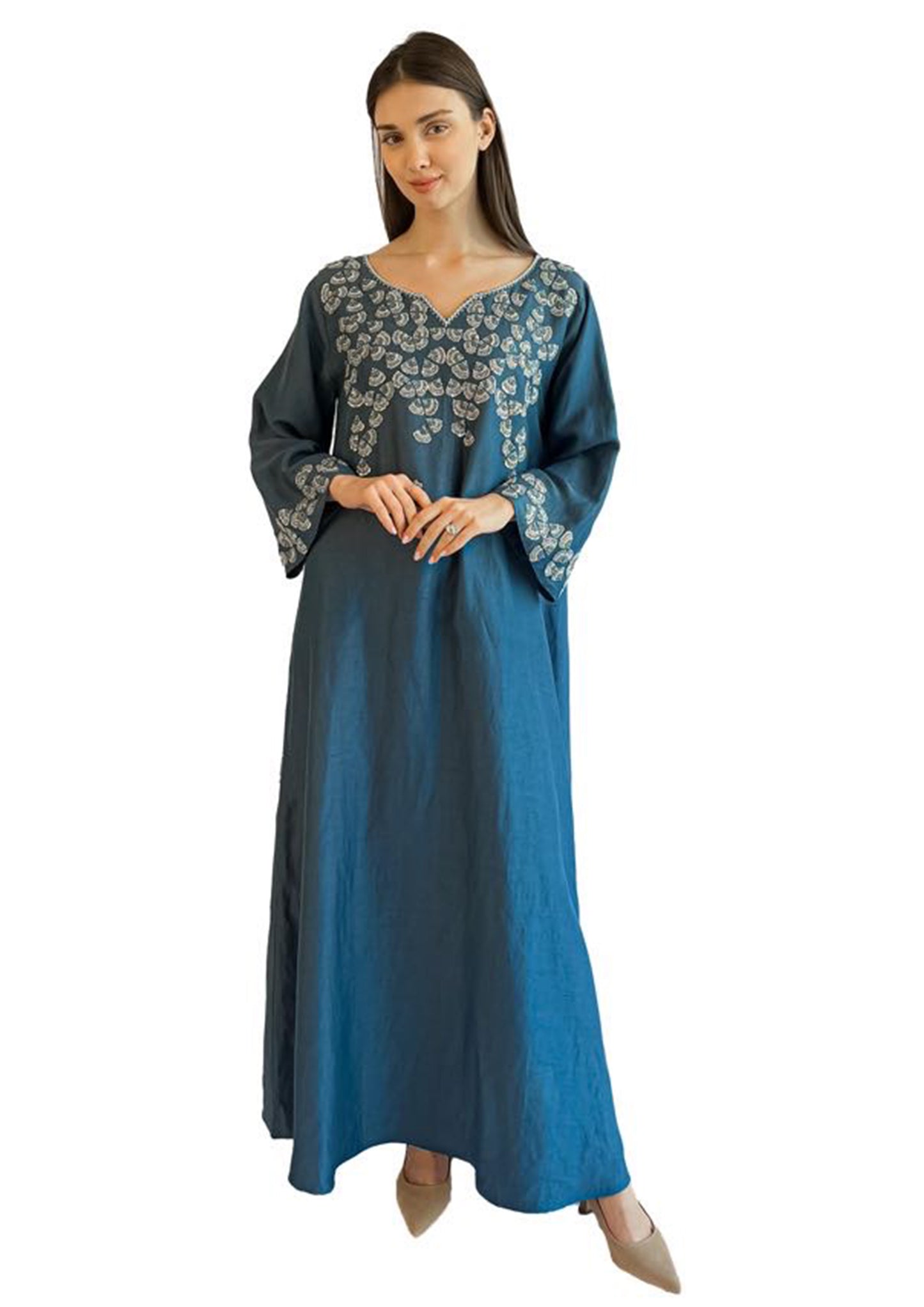 Larmoire Azure Petal Jalabiya – Graceful Teal in Hand-Embroidered Silk Elegance - larmoire.ae