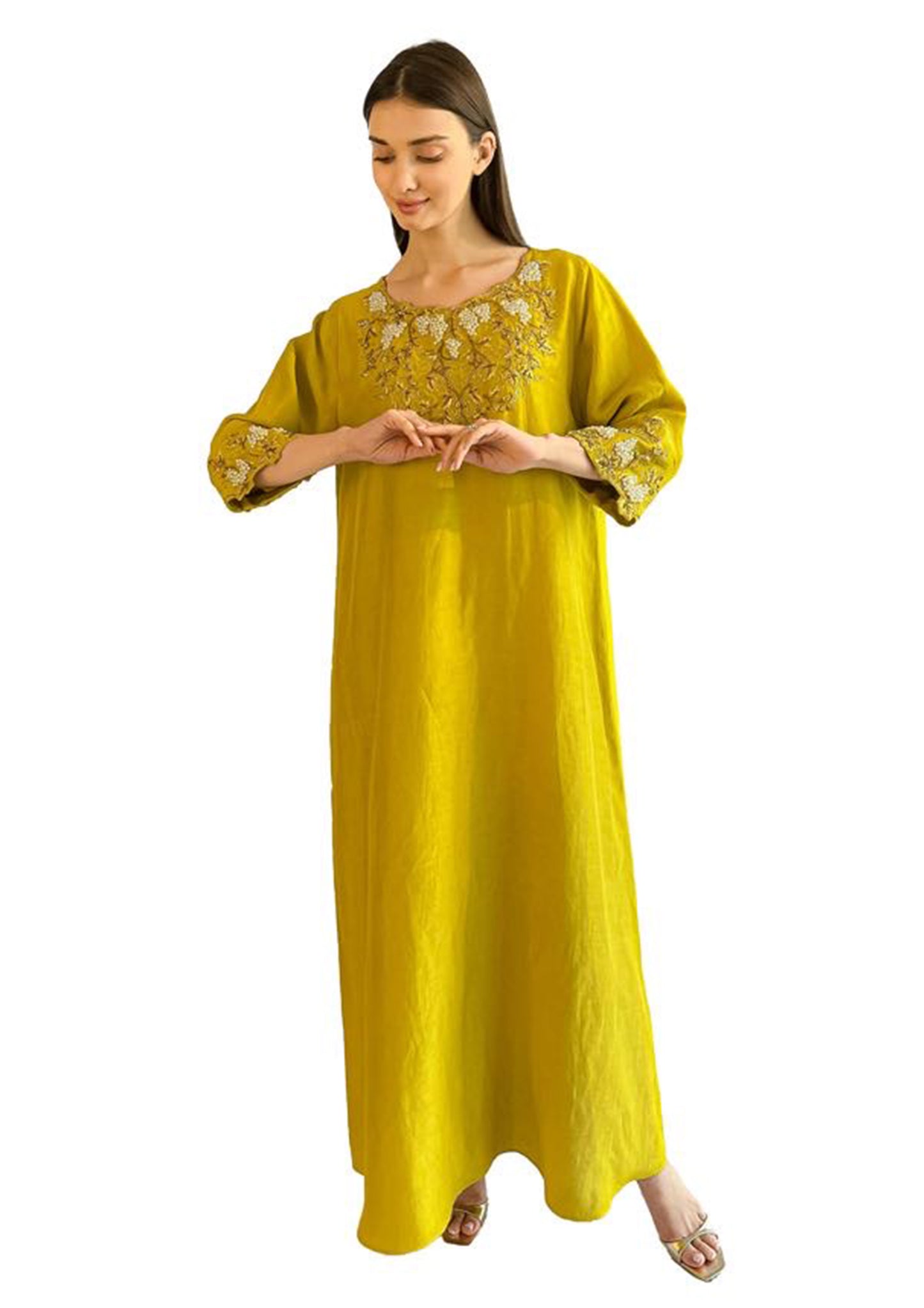 Larmoire Saffron Bloom Jalabiya – Radiant Charm in Hand-Embroidered Raw Silk - larmoire.ae