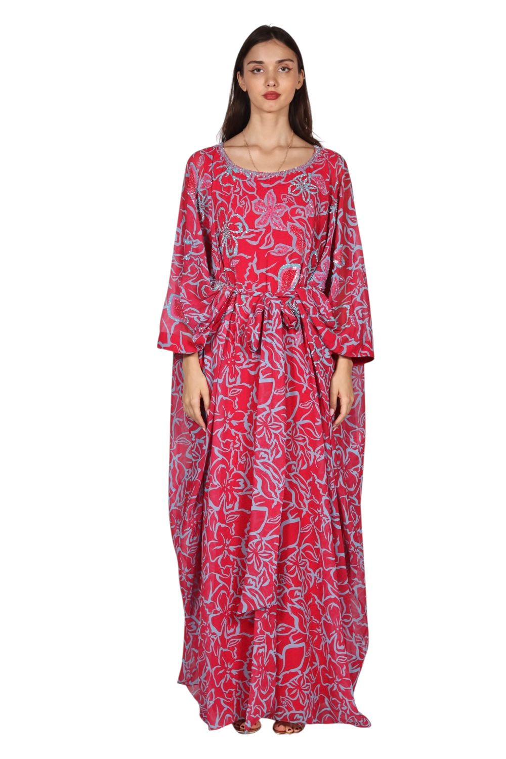 Larmoire Crimson Vine Chiffon Jalabiya – Floral Grace in Motion