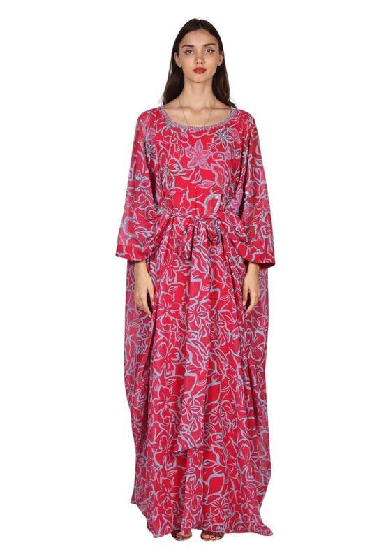 Larmoire Crimson Vine Chiffon Jalabiya – Floral Grace in Motion
