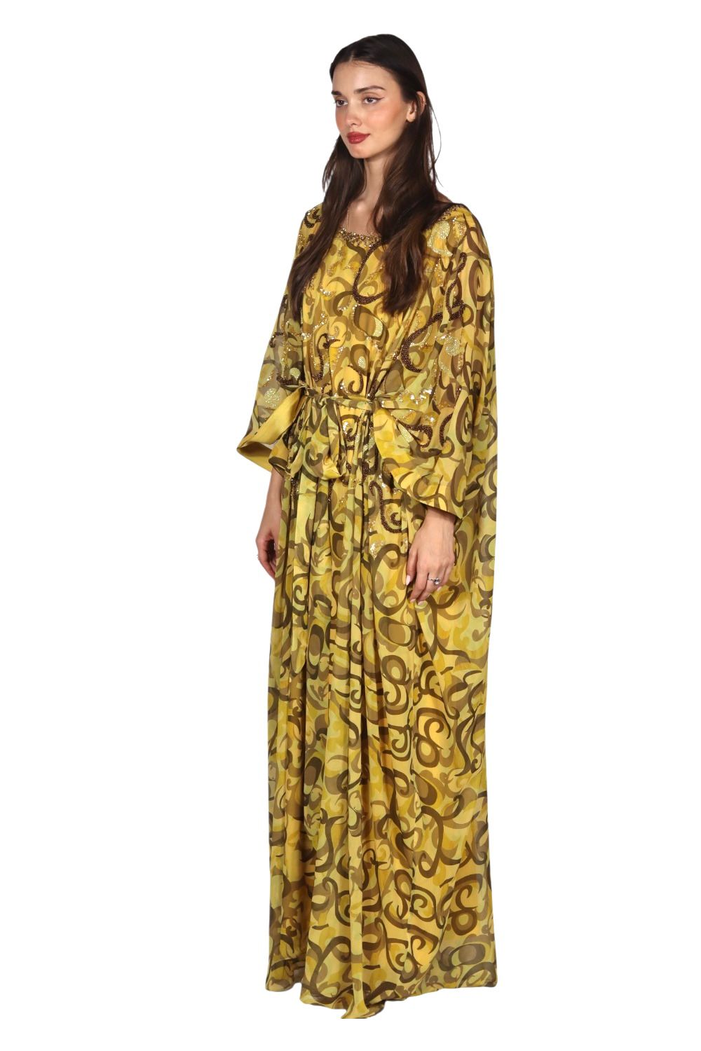 Larmoire Yellow Swirl Beaded Chiffon jalabiya - Radiance in Motion