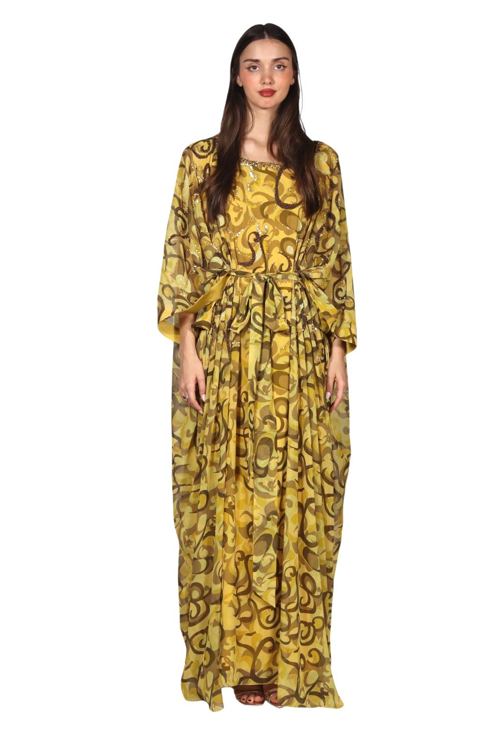 Larmoire Yellow Swirl Beaded Chiffon jalabiya - Radiance in Motion