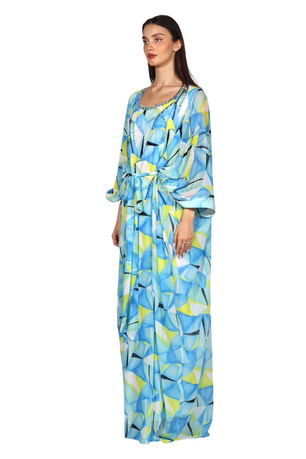 Larmoire Kaleidoscope Dream Chiffon Jalabiya – Abstract Elegance in Motion