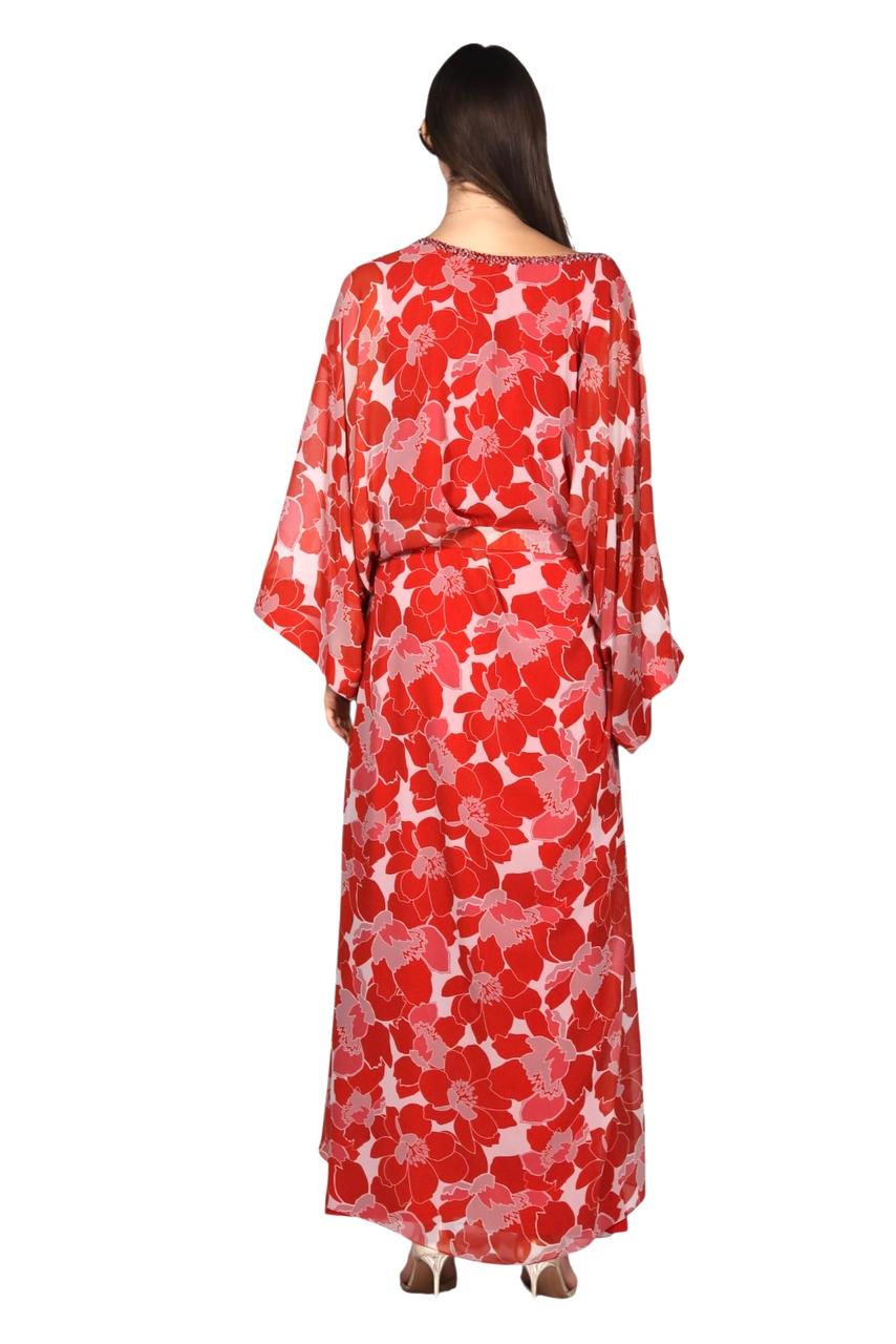 Larmoire Scarlet Bloom Chiffon Jalabiya – Floral Elegance in Motion