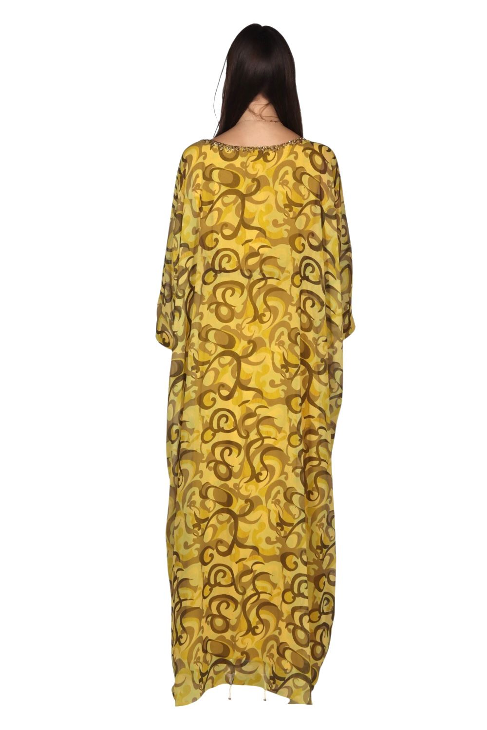 Larmoire Yellow Swirl Beaded Chiffon jalabiya - Radiance in Motion