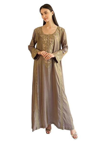 Larmoire Zariah Glow Jalabiya – Radiant Taupe with Golden Zari Grandeur - larmoire.ae 