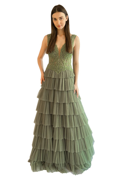 Larmoire Enchanted Olive Embellished Gown – Tiered Tulle Elegance - larmoire.ae 