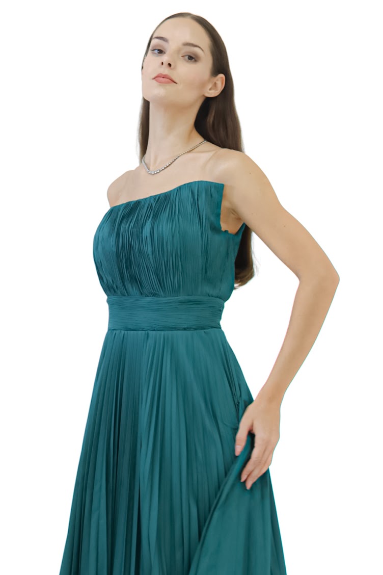 Deep Turquoise Gown – Strapless Satin Elegance