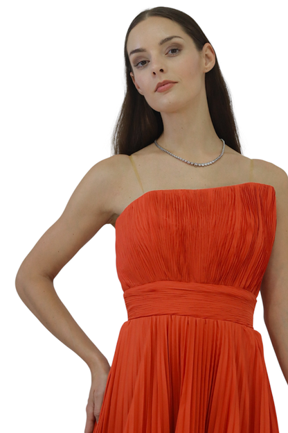 Coral Strapless Gown with Structured Elegance