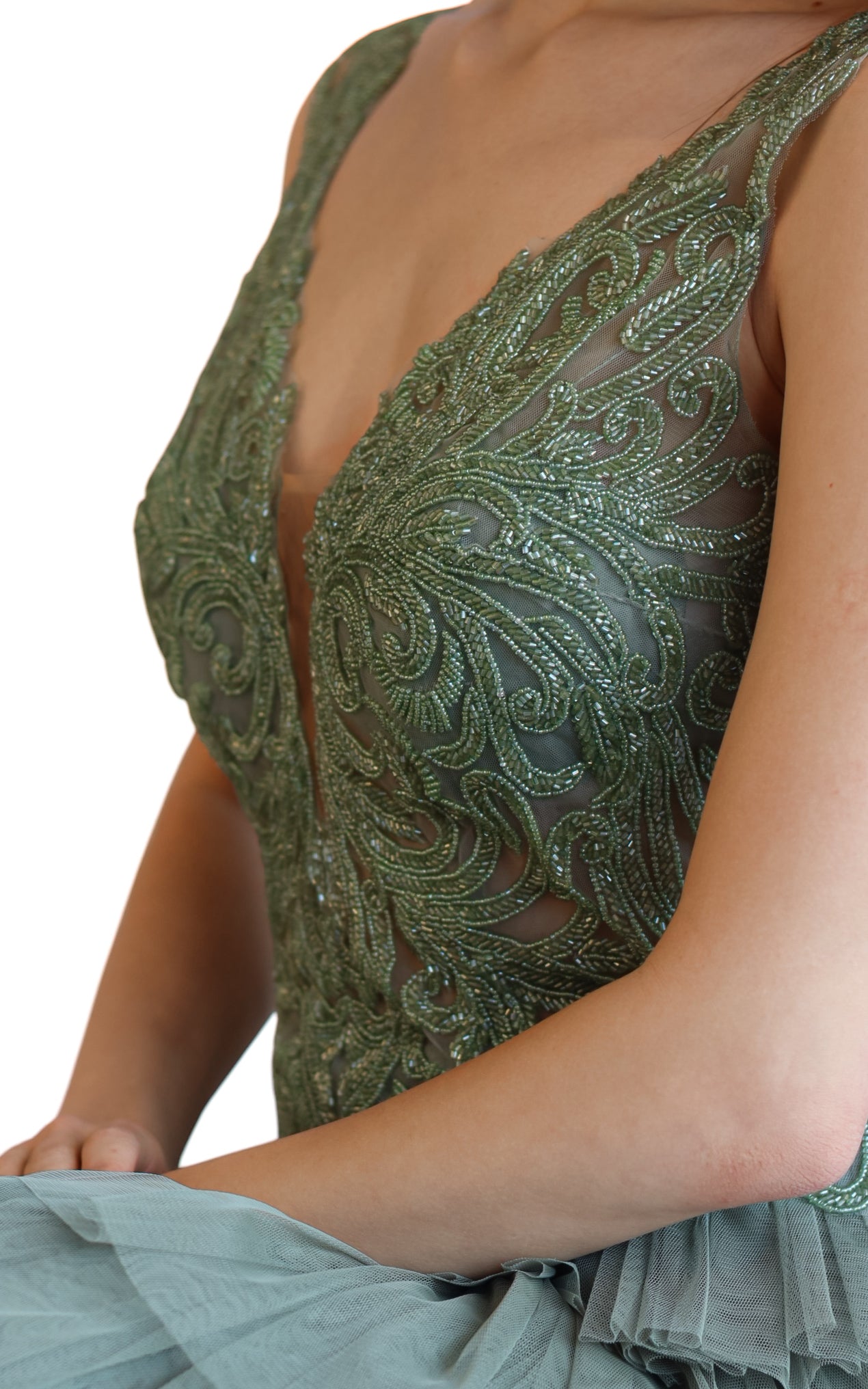 Larmoire Enchanted Olive Embellished Gown – Tiered Tulle Elegance