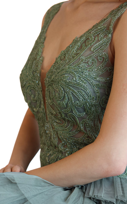 Larmoire Enchanted Olive Embellished Gown – Tiered Tulle Elegance