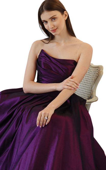 Larmoire Deep Plum Raw Silk Strapless Gown