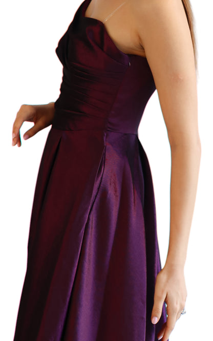 Larmoire Deep Plum Raw Silk Strapless Gown