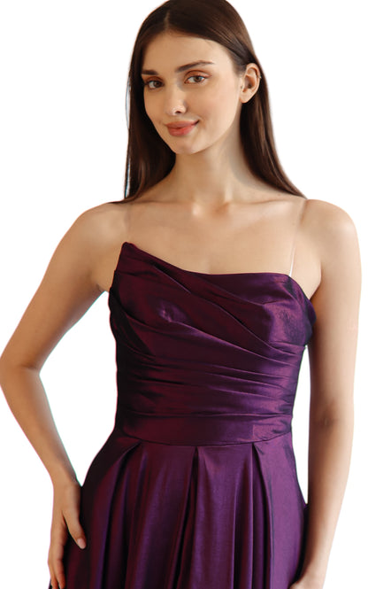 Larmoire Deep Plum Raw Silk Strapless Gown
