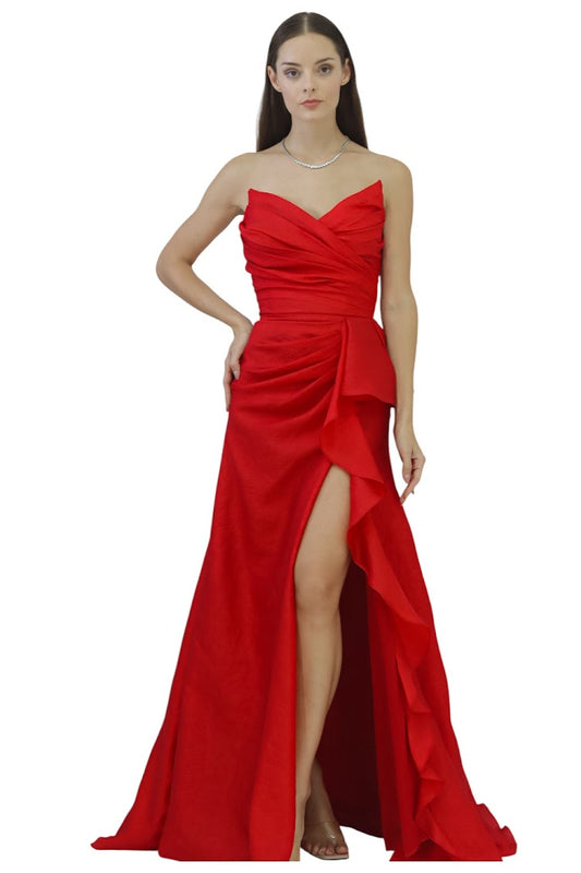 Strapless Red Gown – Ruched Elegance