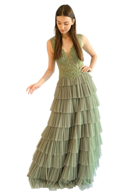 Larmoire Enchanted Olive Embellished Gown – Tiered Tulle Elegance