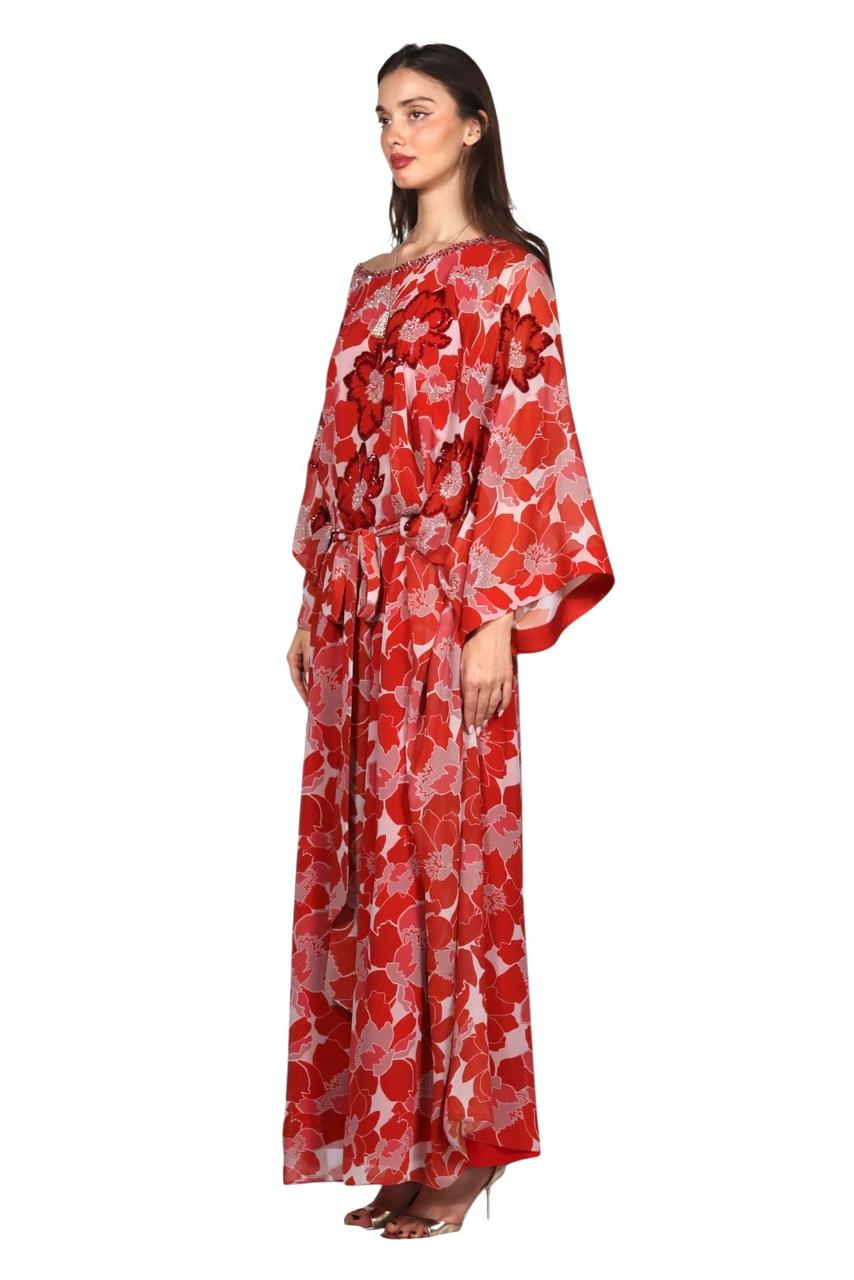 Larmoire Scarlet Bloom Chiffon Jalabiya – Floral Elegance in Motion