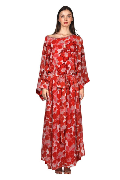 Larmoire Scarlet Bloom Chiffon Jalabiya – Floral Elegance in Motion